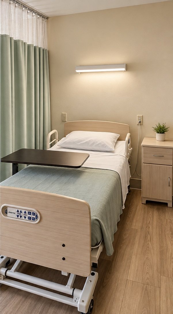 Bell Convalescent Hospital resident room with hospital bed and sage privacy curtain