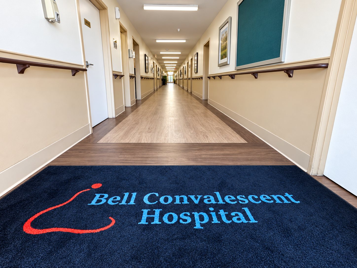 Bell Convalescent Hospital hallway with branded entrance mat